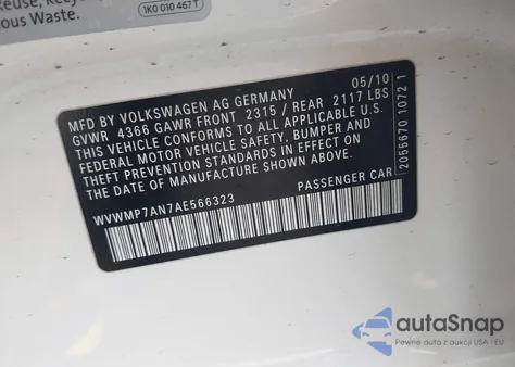 2010 Volkswagen Cc Sport from USA, damaged, VIN WVWMP7AN7AE566323